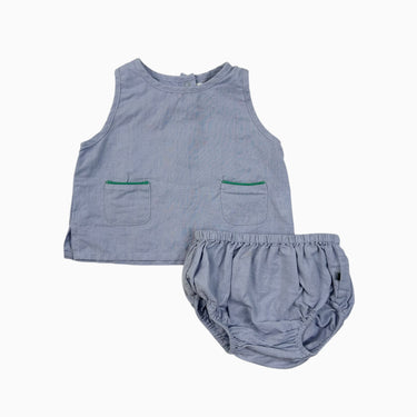 Camisole avec bloomer bleu en coton et lin 12-18M