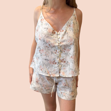 Pyjama 'Gabrielle Paris' blanc fleuri en lin pour femmes S-M