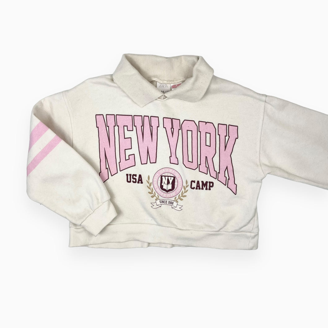 Pull cropped avec col polo en coton ouaté 'New York' 5-6Y