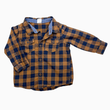 Chemise en coton à larges carreaux caramel et marine 6-9M