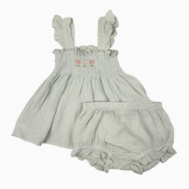 Robe avec bloomer aqua 'tulipes brodées' en mousseline 3-4Y