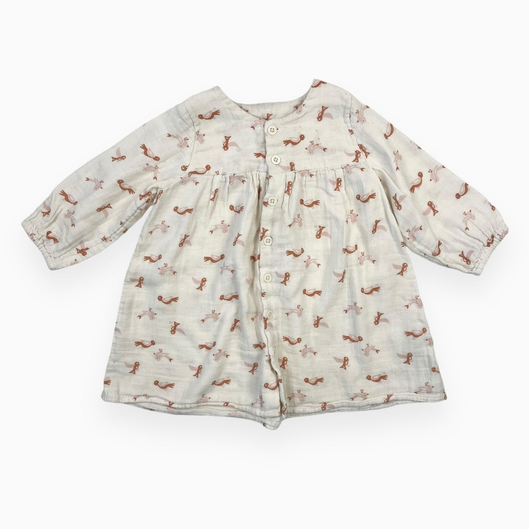 Robe crème en mousseline de coton motif oiseau 18M