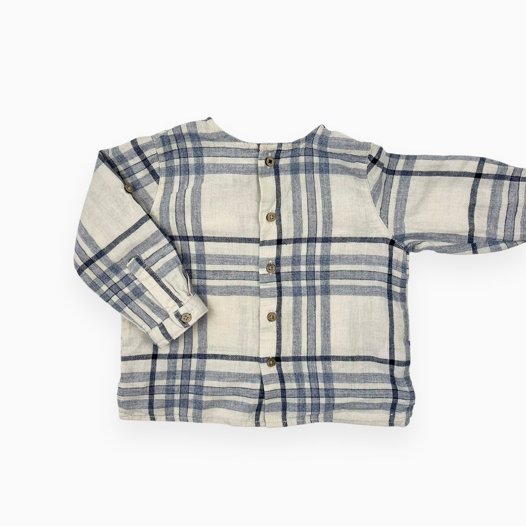 Chemise sable à carreaux marine en lin 9-12M