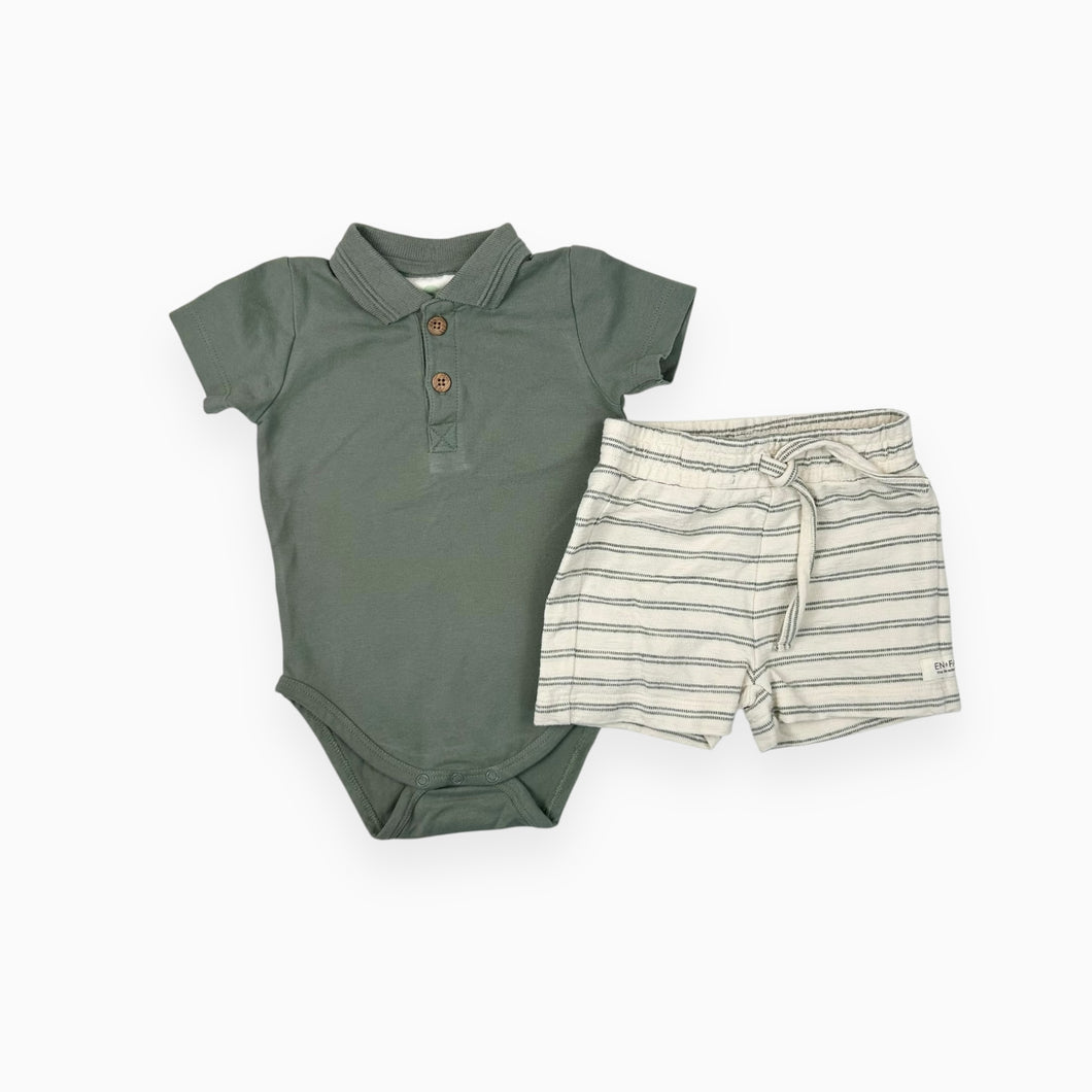 Ensemble cache-couche polo vert et short crème à rayures vertes en coton 3M