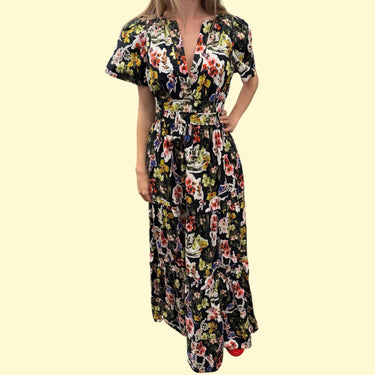 Robe maxi noire fleurie en coton pour femmes XS