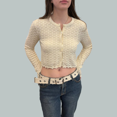 Cardigan 'damiers' vanille en tricot de coton et soie pour femmes S