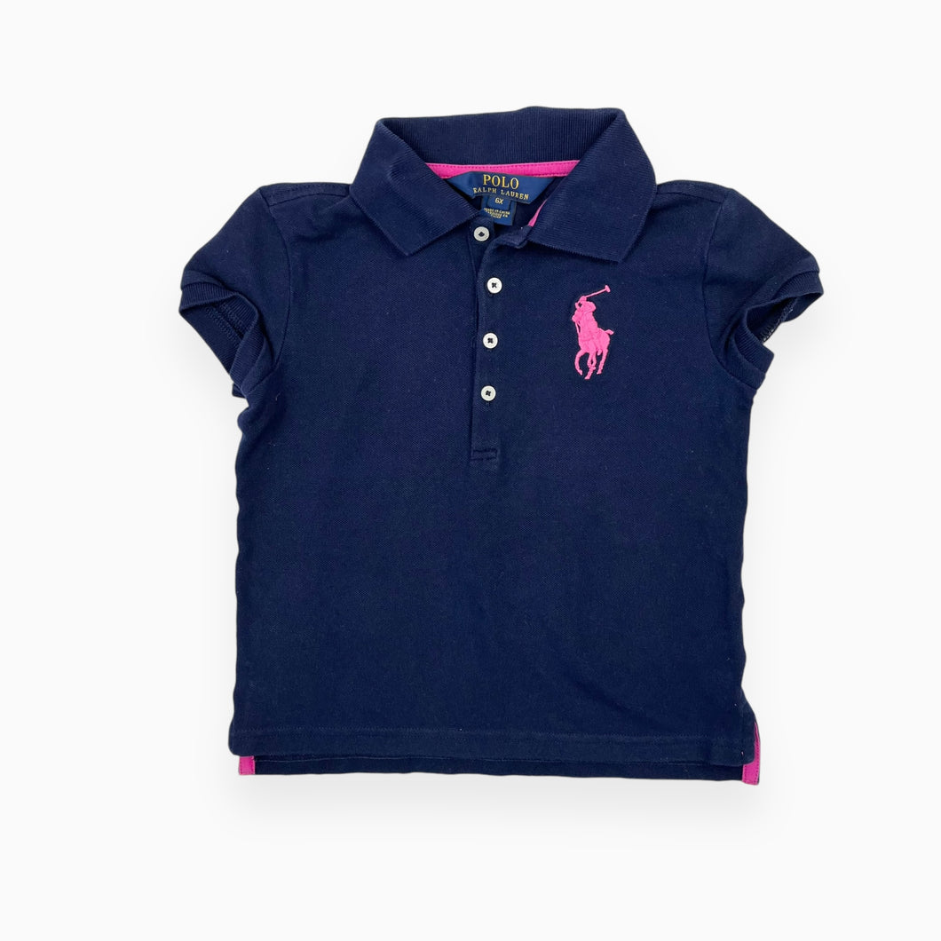 T-shirt polo en coton piqué marine avec broderie rose 6X (6-7Y)