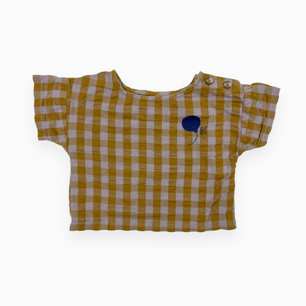 Blouse en coton à motif vichy ochre et lilas et ballon brodé 3-6M