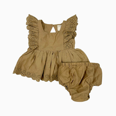 Robe avec bloomer ocre avec volant en broderie 3-6M