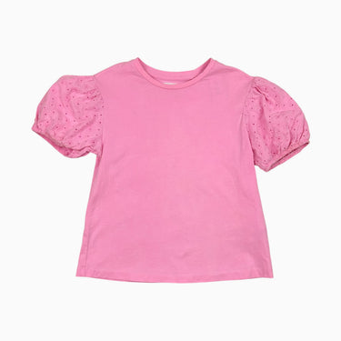 T-shirt rose fluo avec manche en broderie anglaise 6Y