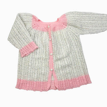 Cardigan rose et blanc conféttis en tricot fait main 8-10Y