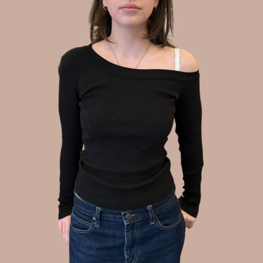 Chandail noir cotelé en coton pour femmes S fit XS