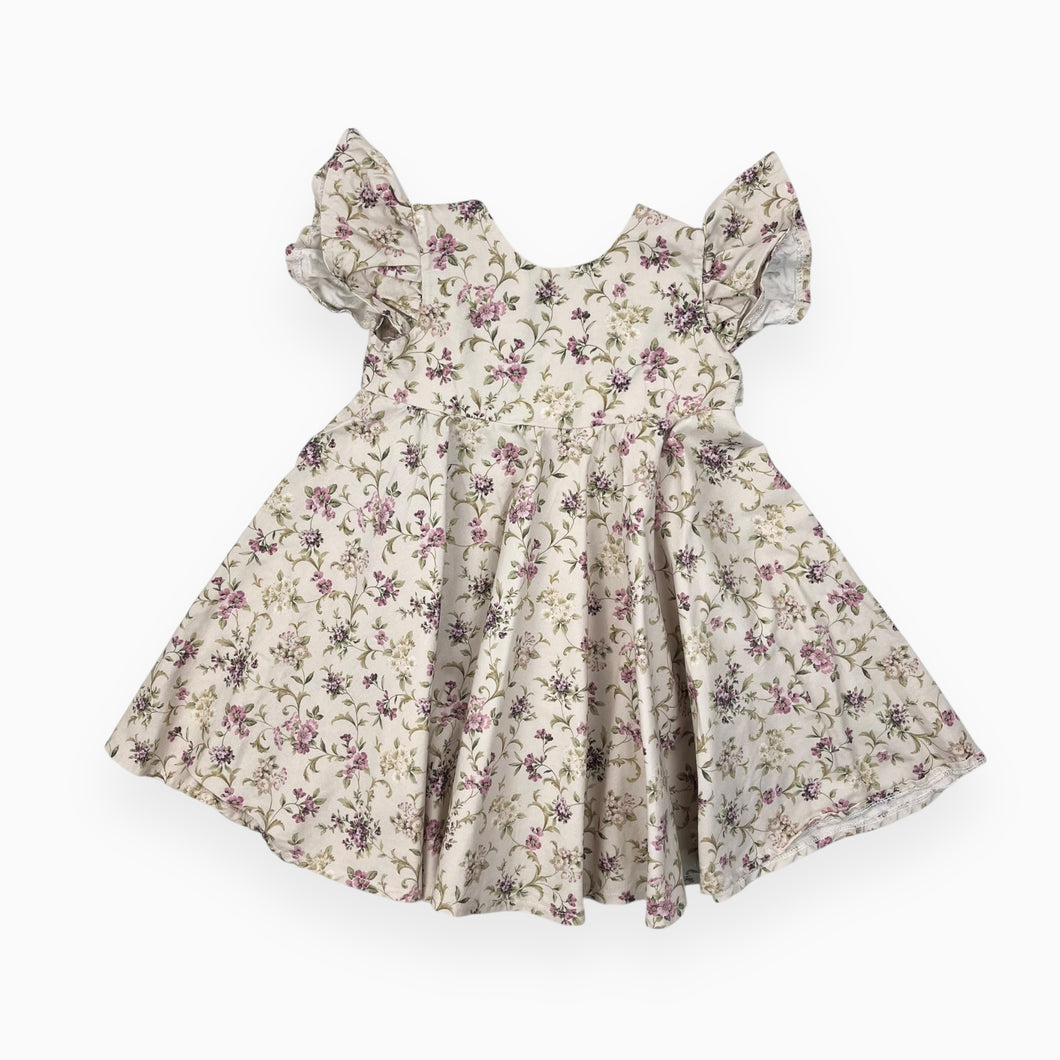 Robe beige en coton avec volants et fleurs mauve 18-24M