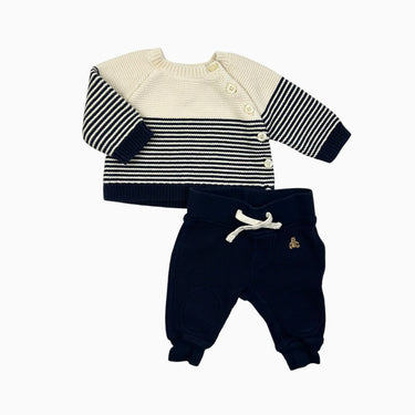 Ensemble vanille à rayures marine et crème en tricot de coton 0-3M
