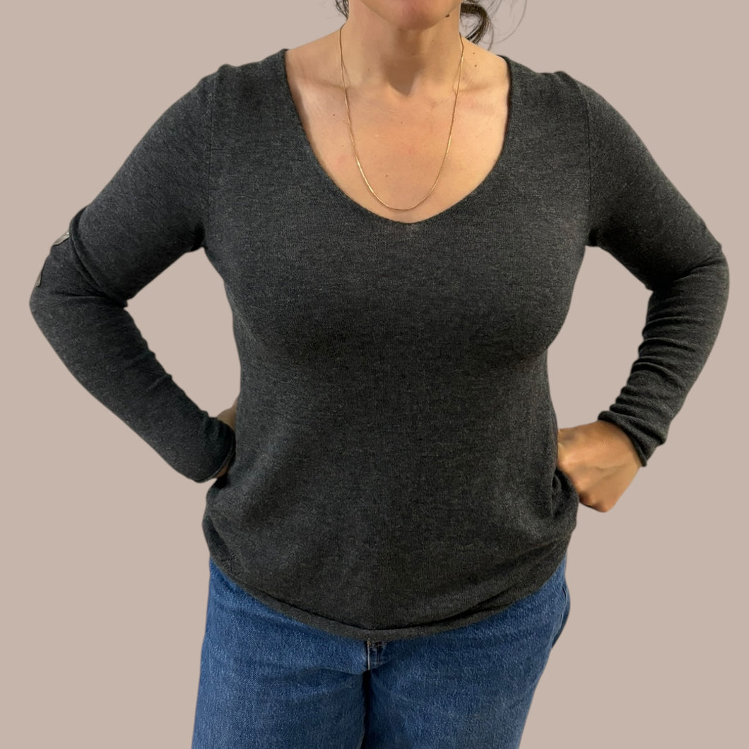 Pull charcoal col en V en laine et cachemire avec appliqué étoile argenté aux coudres pour femmes L