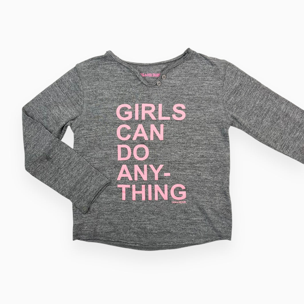 Chandail gris chiné en poly, coton et viscose 'Girls can do anything' 5-6Y