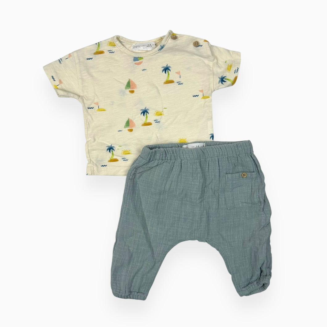 Ensemble t-shirt à imprimé palmiers et pantalon de mousseline de coton 1-3M