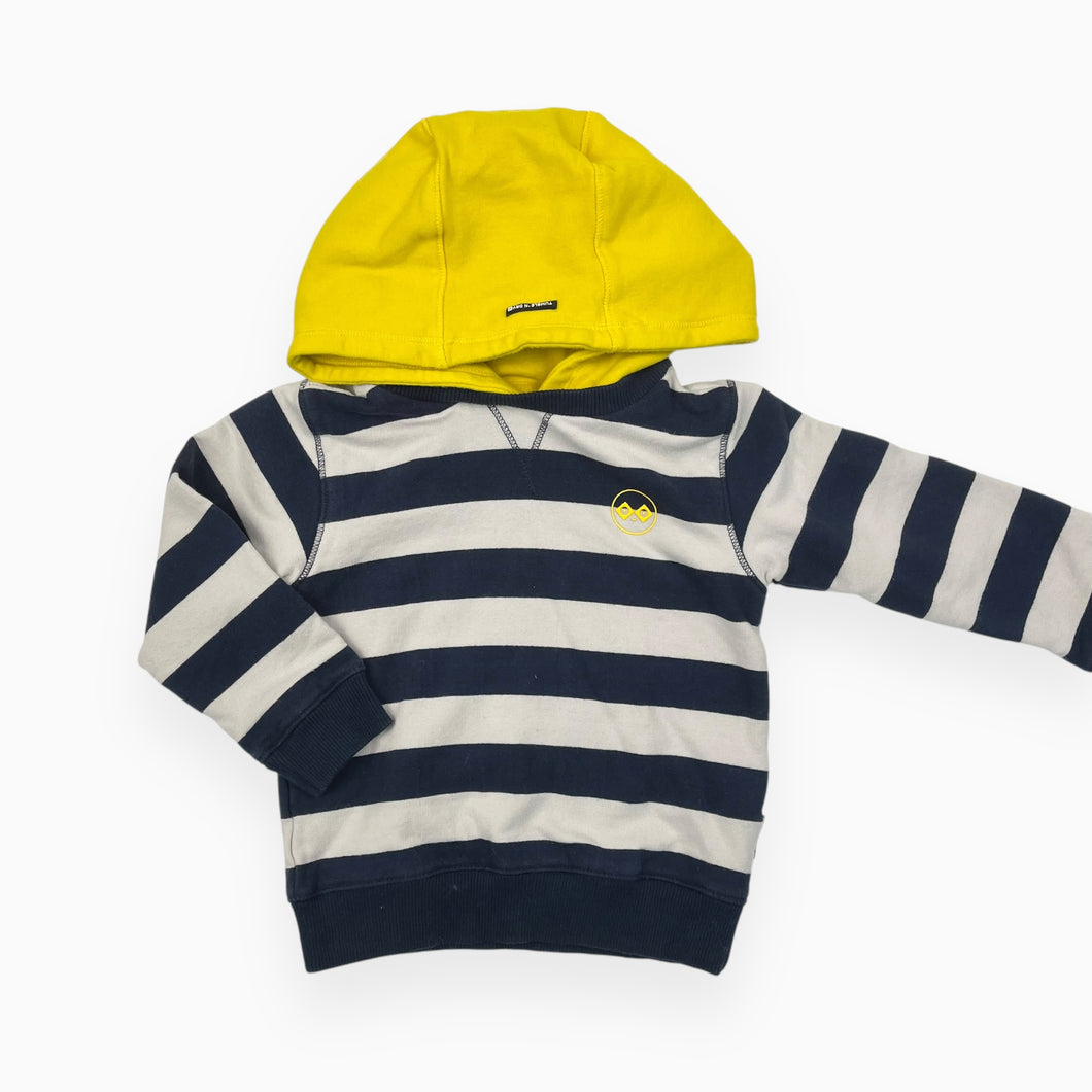 Pull à capuchon jaune en coton ouaté bio extensible à larges rayures marines et pierres 80 cm (18M)