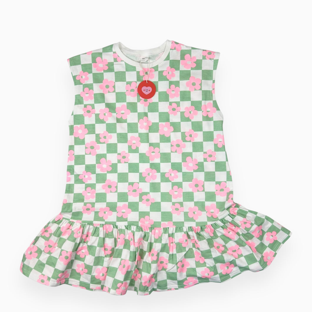 Robe en coton french terry à carreaux verts et fleurs rose fluo Large (10-12Y)