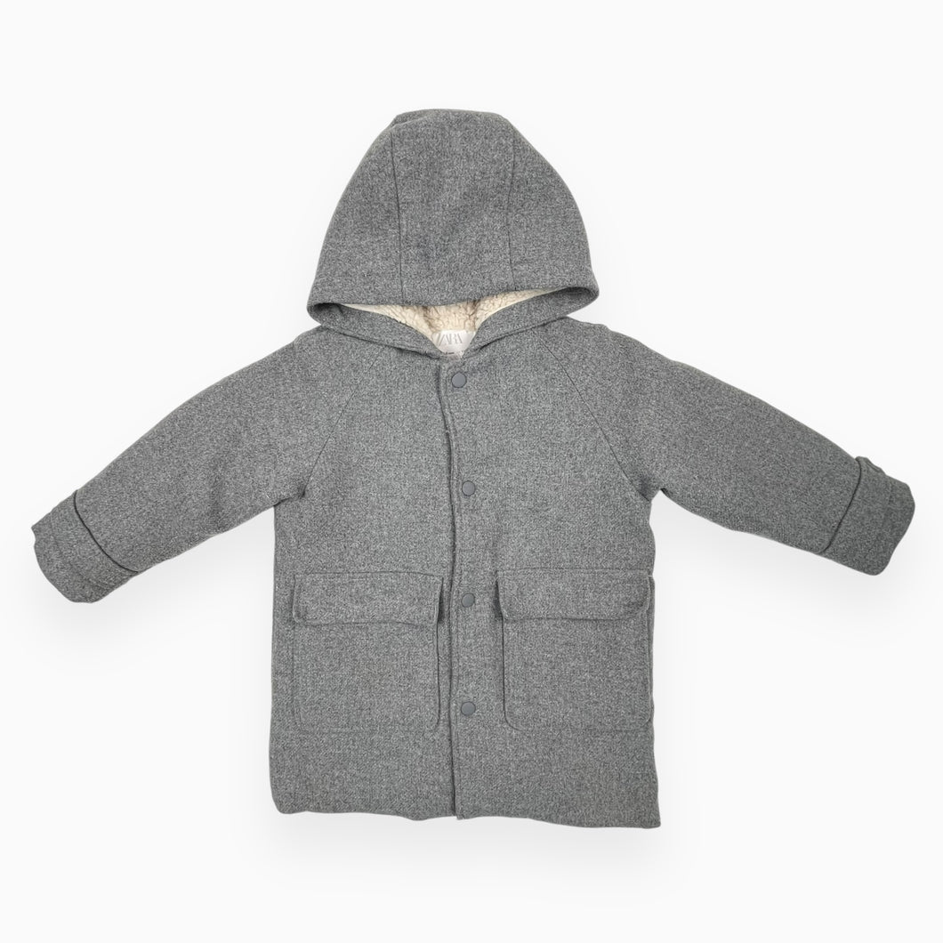 Manteau gris style caban en laine et poly et à capuchon doublé en sherpa 4-5Y