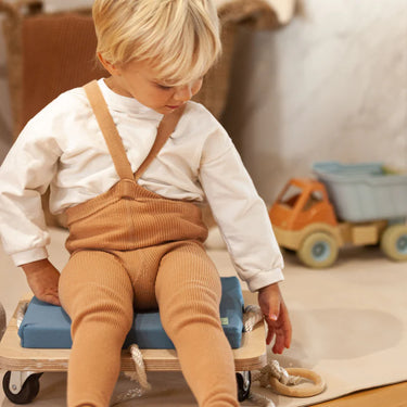 Planche en bois à roulette avec coussin bleu